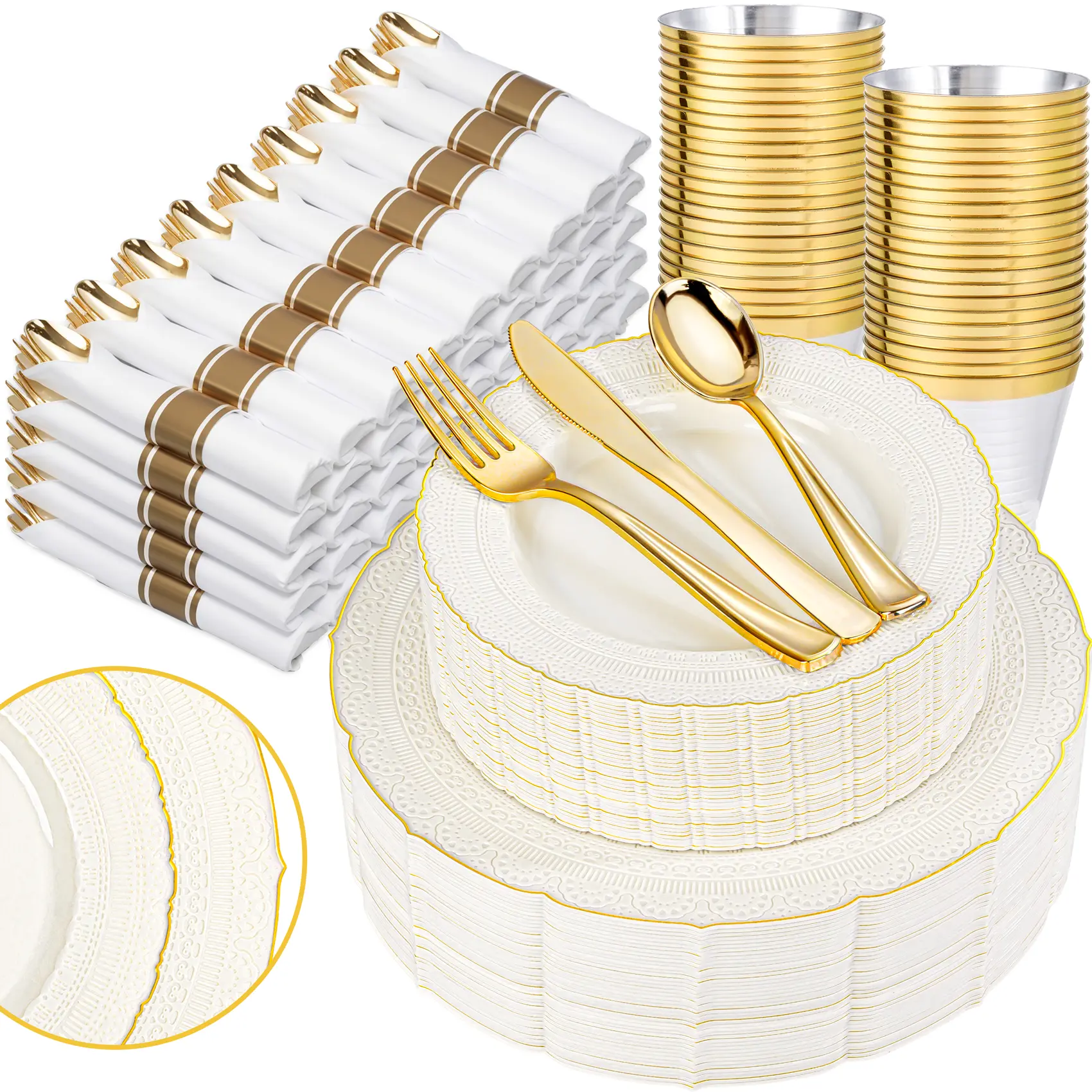 350PCS Ivory Plastic Plates - Ivory Gold Plastic Dinnerware Set for 50 Guests - 100 Disposable Plates, 50 Pre Rolled Napkins with Cutlery Set, 50 Cups Perfect for Wedding & Party