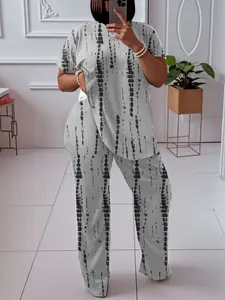 Women'S Plus Size Tie Dye Print Two-Piece Set, Elegant Crew Neck Short Sleeve Top And Straight Leg Pants, Polyester Knit Fabric, Medium Stretch, Daily Casual Wear