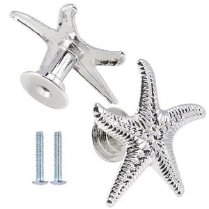 2 Pack Chrome Starfish Cabinet Knobs – Decorative Coastal Drawer Pulls with Mounting Screws, Nautical Starfish-Shaped Knobs for Kitchen Cabinets, Bathroom Vanities, Dressers, Wardrobes and Home Improvement Projects