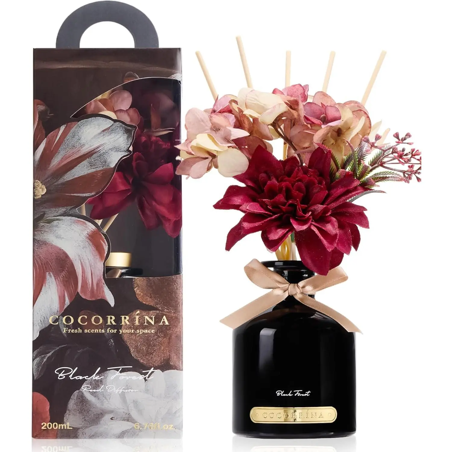 COCORRÍNA Reed Diffuser Set, 6.7oz Flower Reed Diffuser with Sticks,Black Forest Essential Oil, Long Lasting Home Fragrance for Bathroom, Bedroom & Shelf Decor, Aesthetic Gift for Women