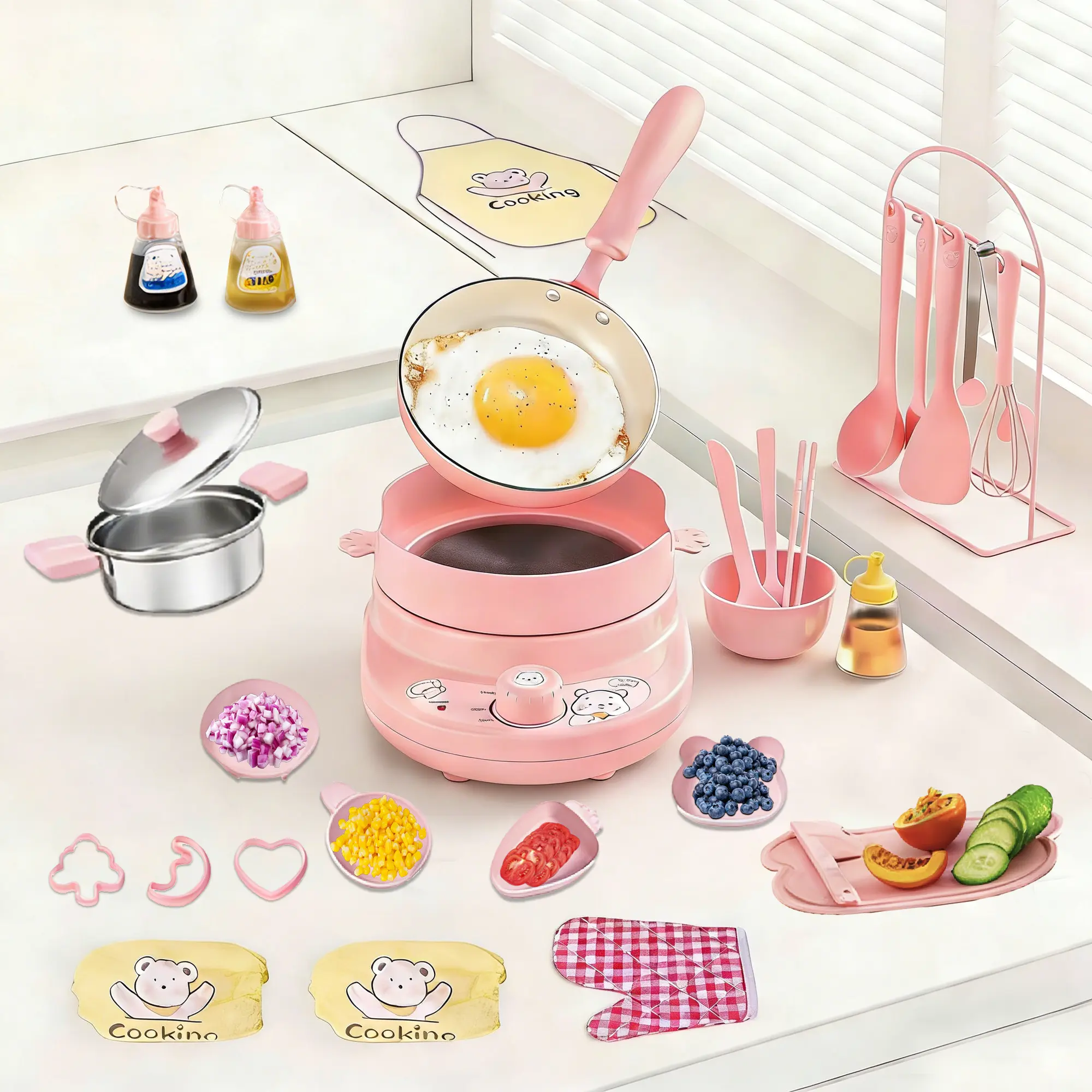Kids Cooking Set - Safe Mini Kitchen with Induction Cooker & Anti-Scald Rack, 36Pcs Kit for 8-12 Boys & Girls