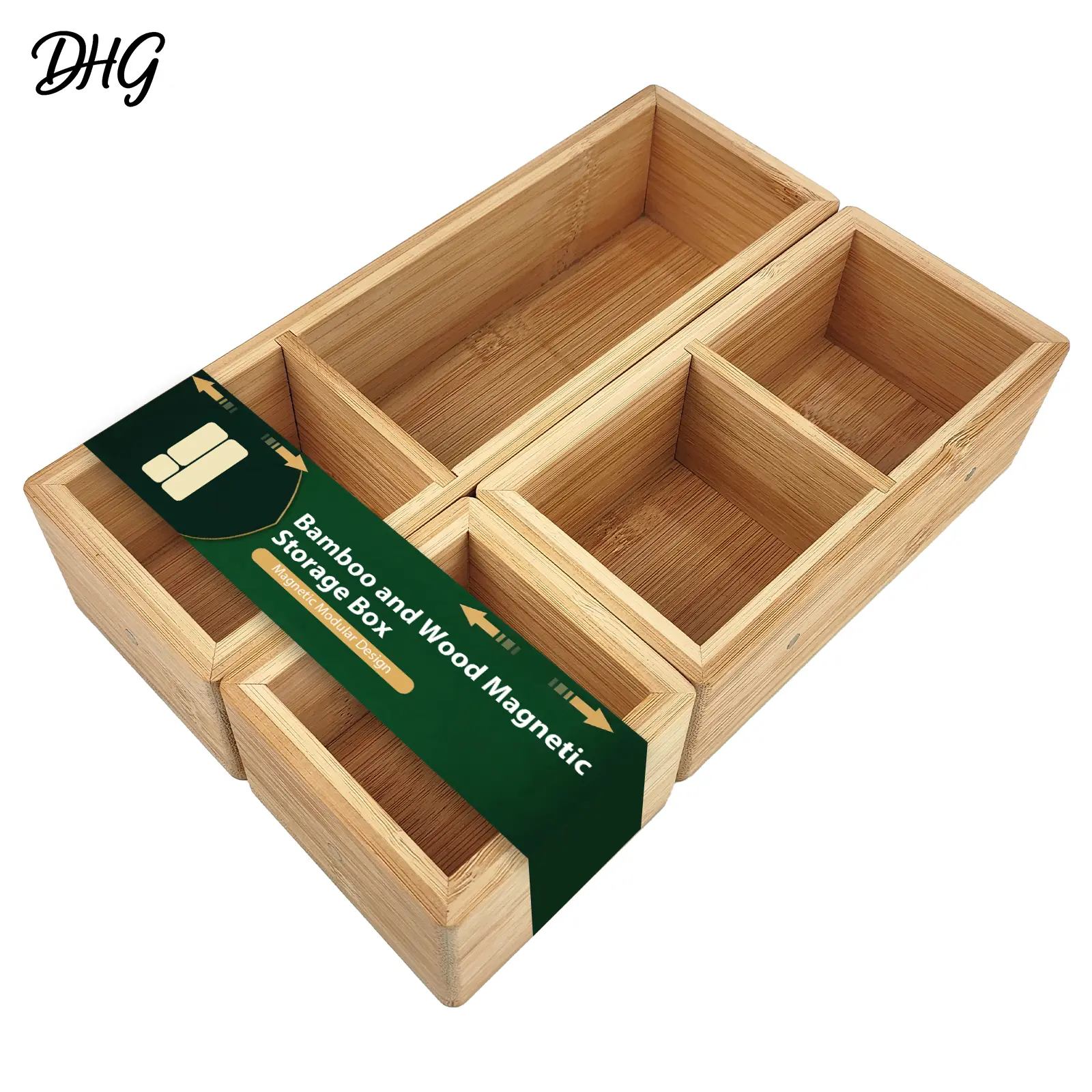 【DealsForYouDays】Bamboo Modular Drawer Organizer Set - 3 Rectangle Boxes, 5 Compartments, Magnetic, Removable Inserts, Stackable, Adjustable, Natural Look, Indoor Home Supplies