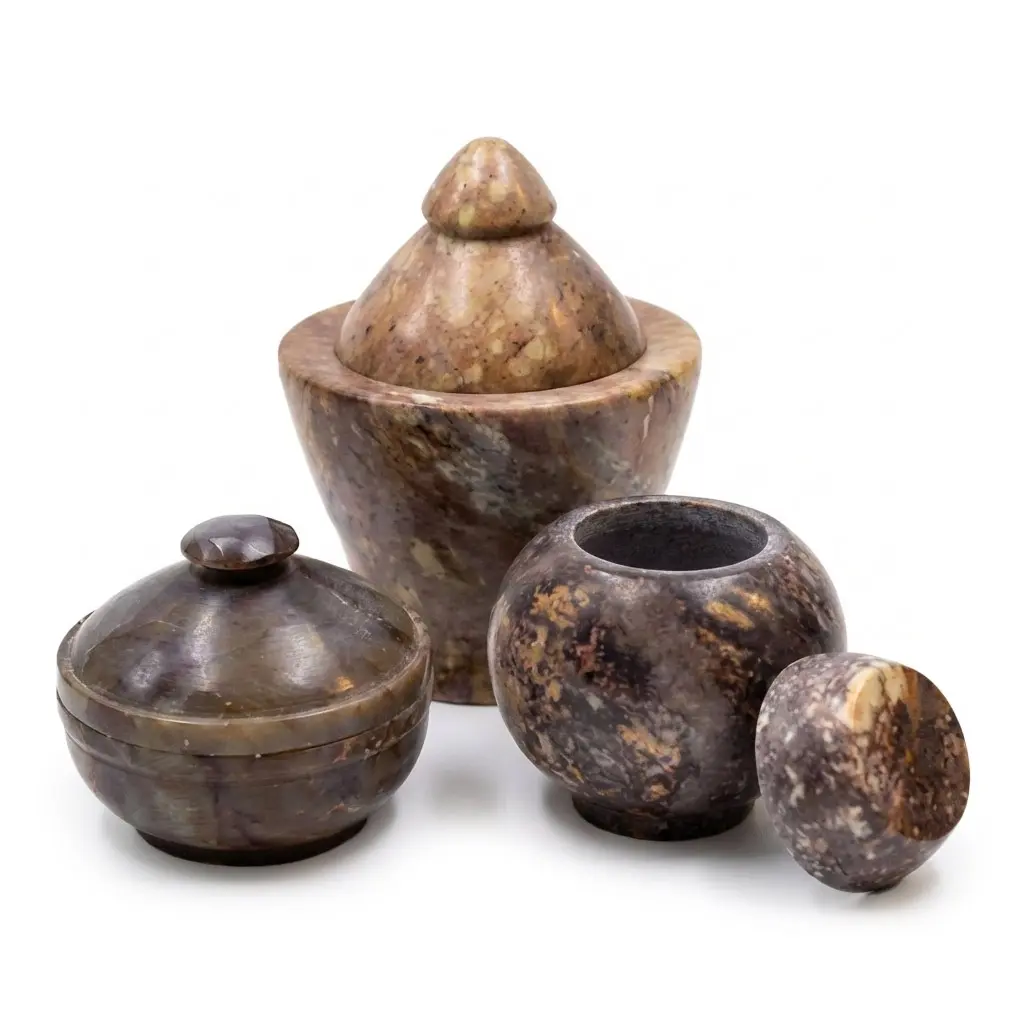 Soapstone Gini Jars Set — Carved Stone Altar Storage for Herbs &amp; Resins