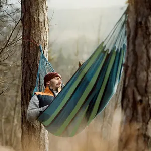 Blue Striped Outdoor Garden Camping Hammock, Portable Swing Bed, Perfect for Outdoor/indoor Patio, Backyard Camping, 68.9x29.53 Inches