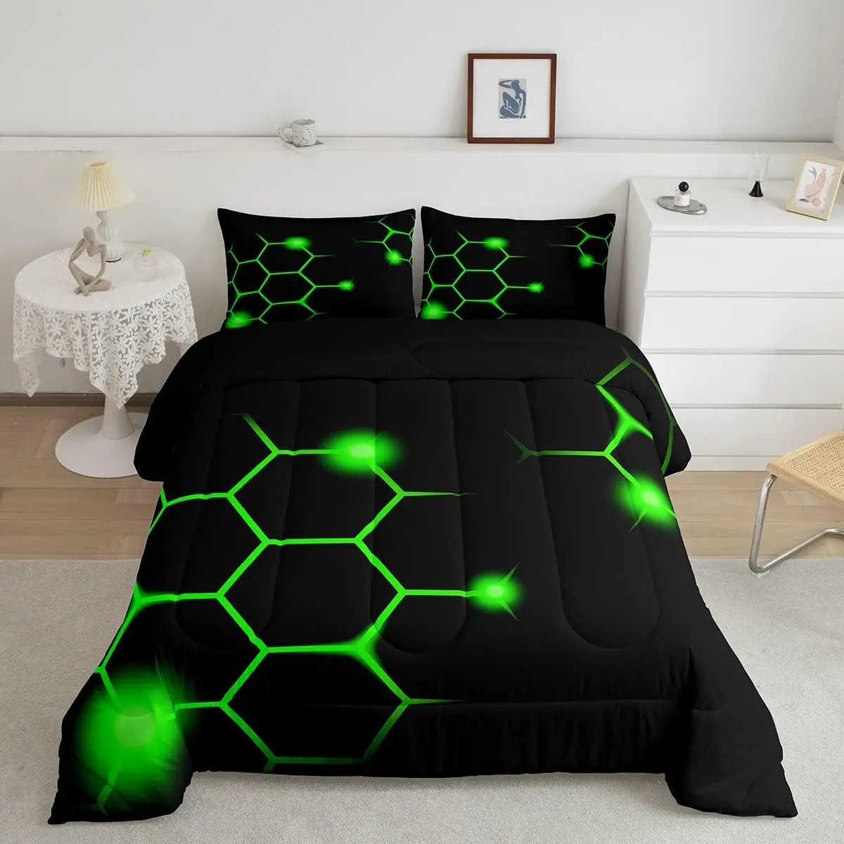 Feelyou Multi-Size Bedroom Bedding Set - Soft Hexagonal Geometric Honeycomb Microfiber, Neon Green & Black Luxury Breathable 3D Digital Print Abstract Geometric Print Duvet Set for Adults (Queen, King), Abstract Geometric Print Duvets & Sets