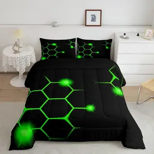 Feelyou Hexagonal Pattern Comforter Set - Luxury Geometric Honeycomb Quilt, Neon Green Black Bedroom Bedding, Modern Decorative Bedding for Adults, Bedroom Bedding Set