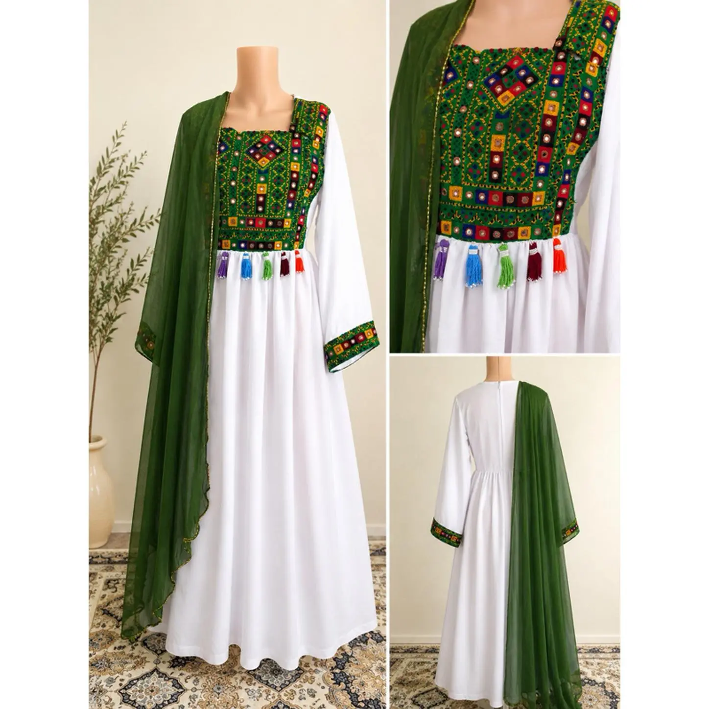 Afghan Two-Tone Dress  Beautiful green Afghan dress with a matching chador and beautifully embroidered neckline.    Size: M  Only 1 available  Price: $50  Shipping available across the USA    Orders from our lovely customers are welcome