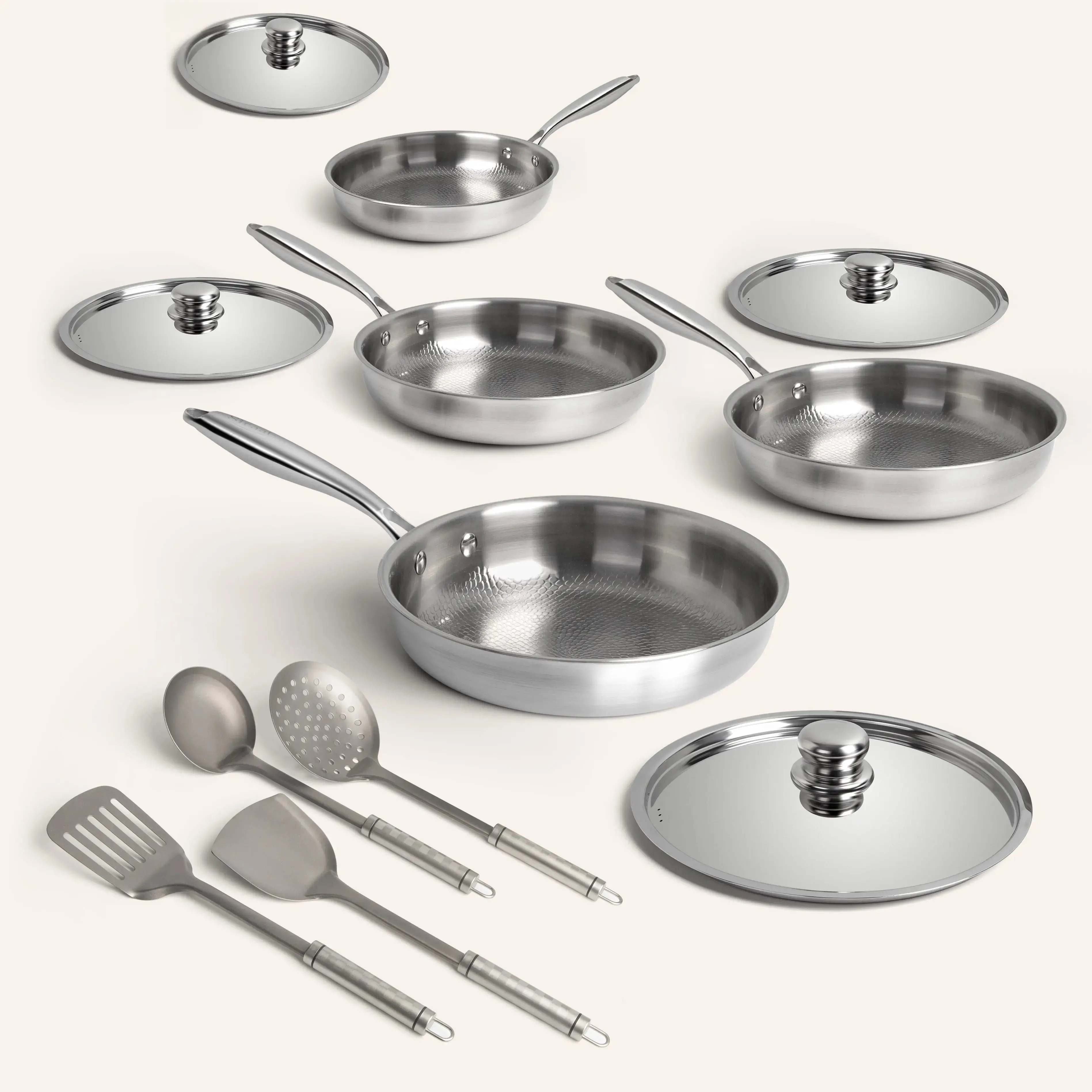 Siraat Full Hammered Pro Edition Titanium Cookware Set, 4 Pans with Lids and 4 Titanium Utensils