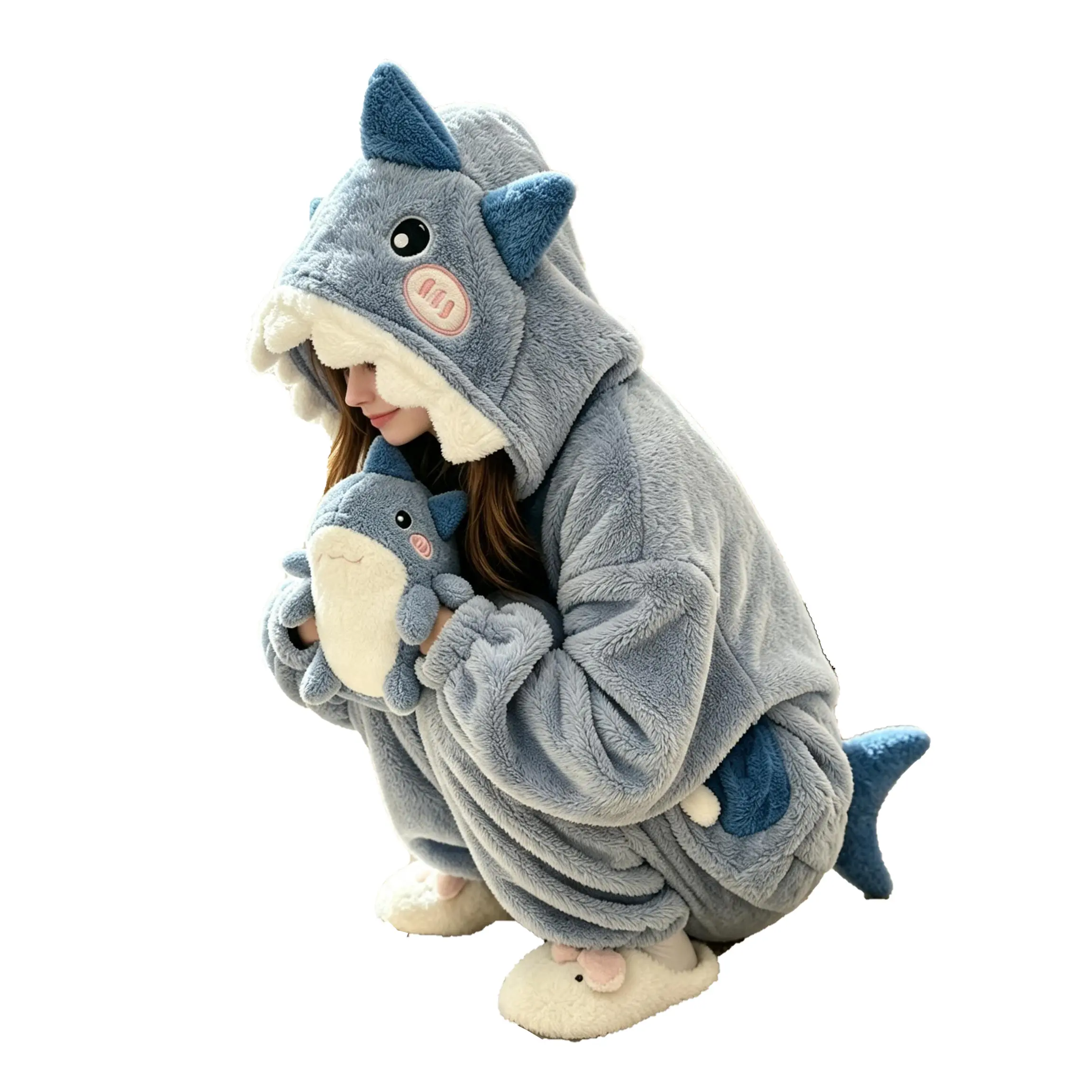 Women's Cute Shark Hooded Onesie Pajamas| Thick Coral Fleece Winter Sleepwear| Cartoon Animal Kigurumi Lounge Wear for Home & Outdoors Blue Loungewear