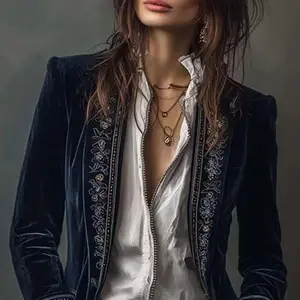 Vintage Ethnic Floral Print Velvet Women’s Coat/Jacket – Autumn Chic Stand Collar Slim Fit Cardigan, Long Sleeve, Winter Outerwear, Fitted Design