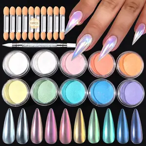 10 PCS Mermaid Pearl Chrome Nail Powder Set, Iridescent Aurora Effect Pigment, Holographic Gradient Nail Glitter Dust with Silicone Pen for Gel Polish Nail Art