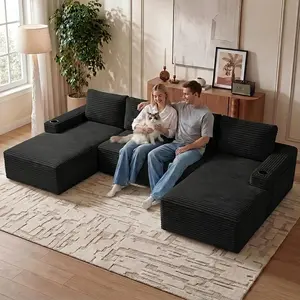 133.4" Black Boneless Sectional Sofa Couches for Living Room, Oversized U Shaped Cloud Modular Set with Cup Holders & Side Pockets & Deep Seat, Comfy Corduroy Foam Compressed No Assembly