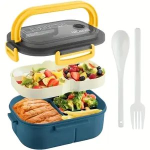 1200ML Leak-Proof Double-Layered Bento Lunch Box with Handle – Microwave/Dishwasher Safe, Reusable Snack Container with Cutlery Set, Blue & Yellow Design, Perfect for Adults, Camping & Hiking, Leakproof Lunch Box