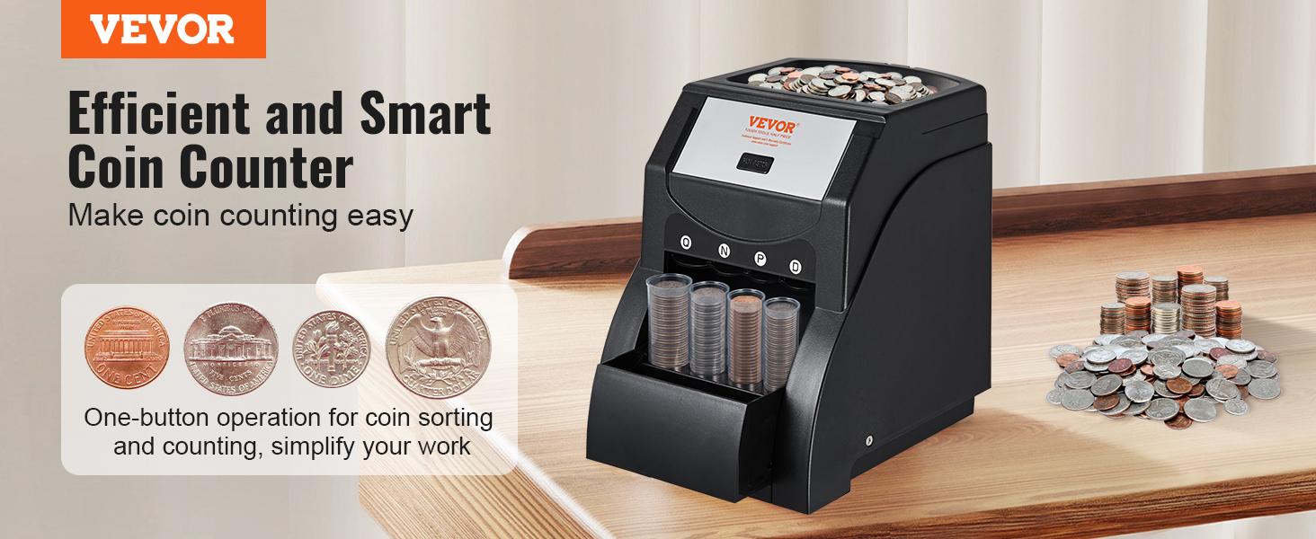 TikTokShopBlackFridayVEVOR USD Coin Sorter, Coin Sorter Machine for USD Coin 1￠ 5￠ 10￠ 25￠, Sorts up to 230 Coins/min, Coin Sorter and Wrapper Machine Holds 200 Coins Included 4 Coin Tubes, Black  VEVOR Super Brand Day