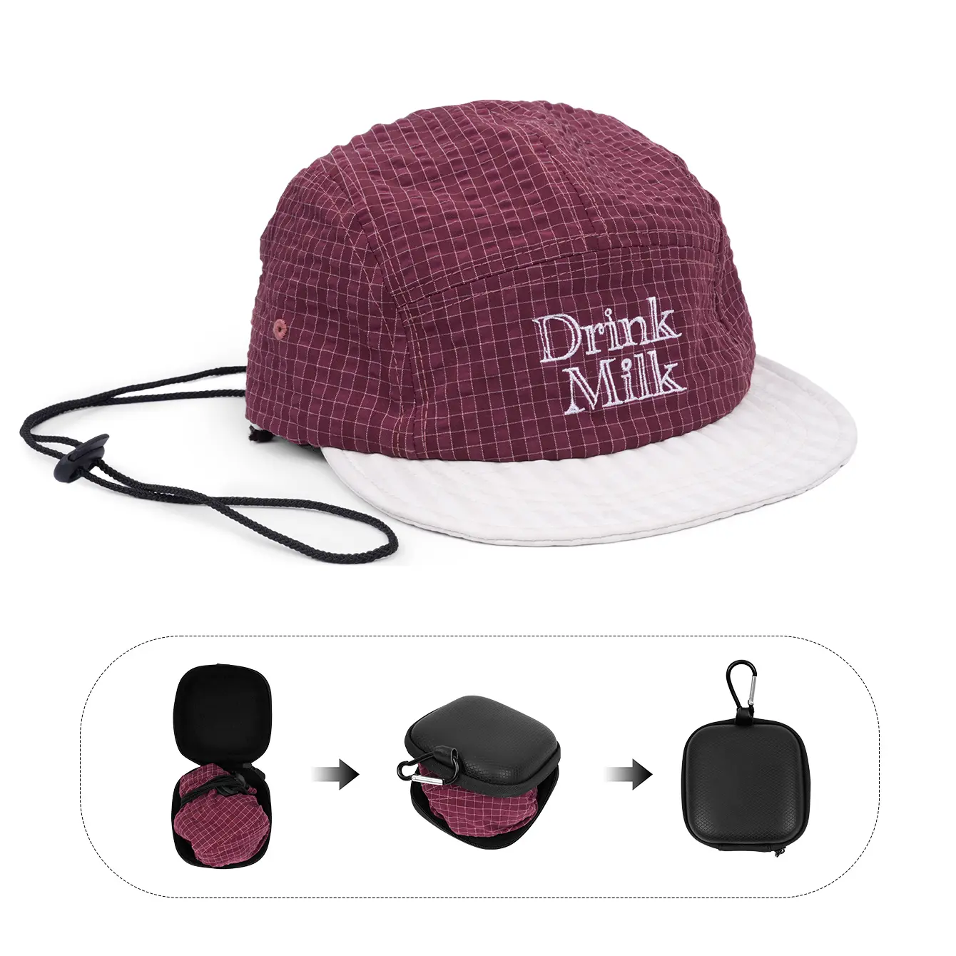 Portable Foldable 5 Panel Camp Cap for Men Women, Grid Quick Dry Hat with Drink Milk Letter Print & Wind Lanyard, Packable Lightweight Outdoor Sun Hat for Cycling Hiking Travel, Comes with Free Storage Carry Case as Gift