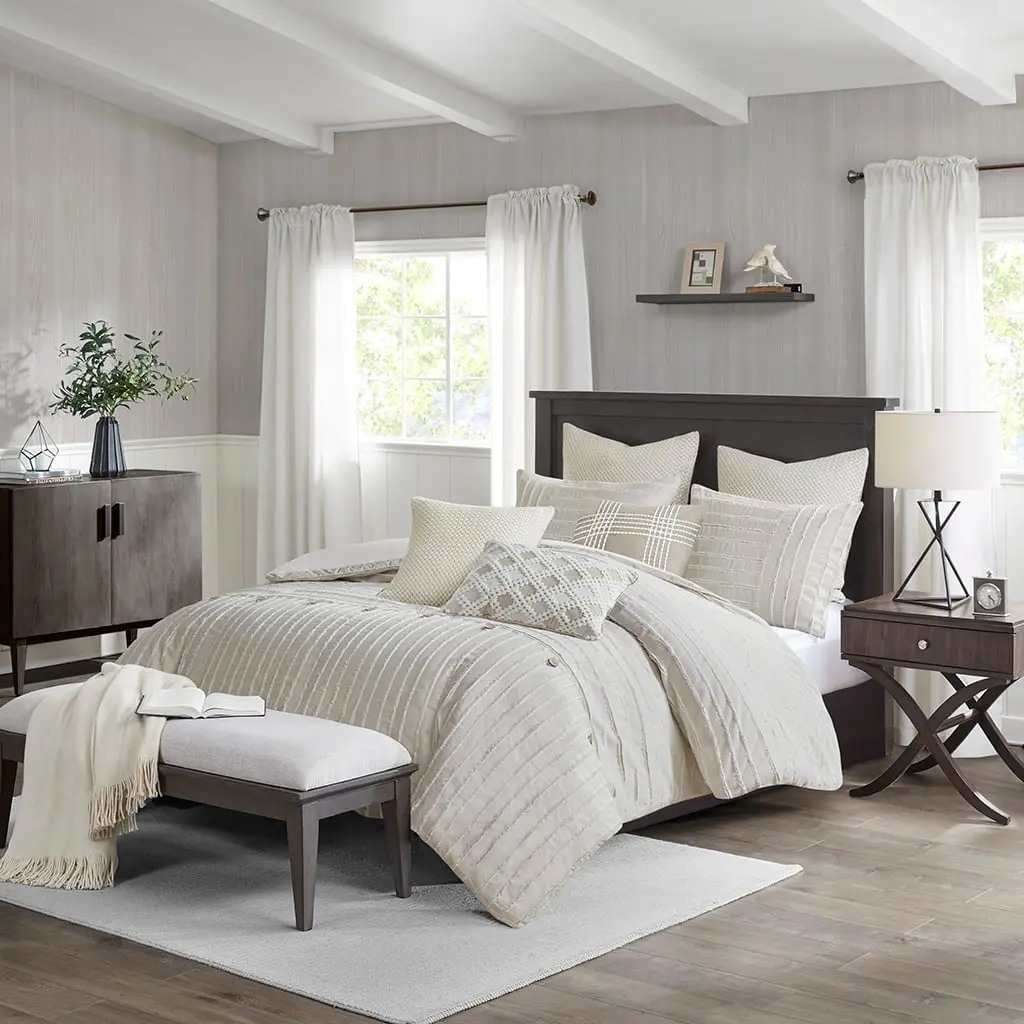 360 Stand Queen Size Casual Farmhouse Striped Pieced Oversized Cotton Jacquard Clip Comforter Set - 92x96x1.5in, with Euro Shams, Throw Pillows, Removable Insert, for Queen Beds, Ivory, Queen Comforter Set