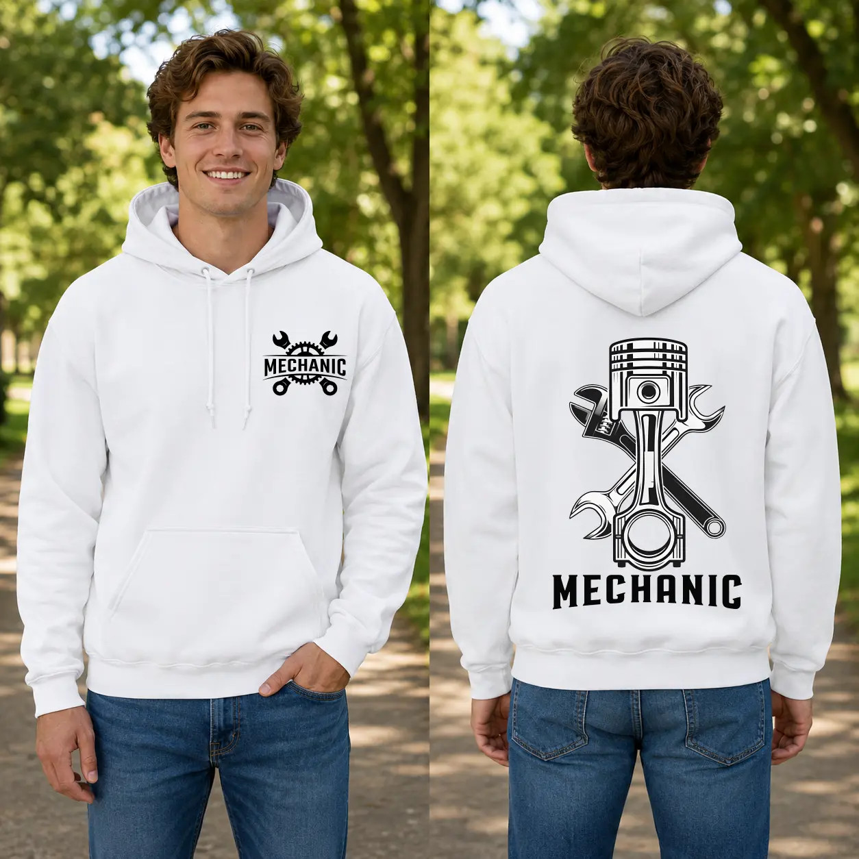 Men's Cotton Blend Graphic Hoodie, Mechanic Graphic Hoodie, Auto Mechanic Pullover, Piston Wrench Design, Garage Technician Hoodie, Casual Long Sleeve Top