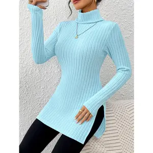 [Elegant Turtleneck Top] Soft Elegant Women's High-Neck Long Sleeve Turtleneck Top | Machine Washable All-Season Versatile Base Layer for Casual & Formal Wear, Everyday Comfortable Outfit, Comfortable Knitwear with Side Slit - Solid Color Shirt