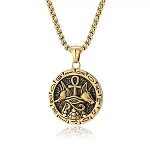 Vintage Egyptian Ankh Cross Anubis Titanium Steel Necklace Men's Personalized Cultural Symbol Pendant Necklace