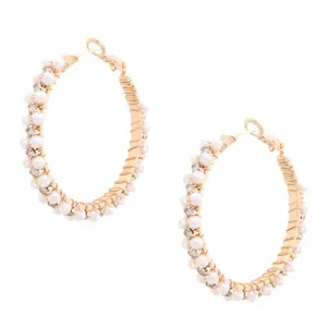 Pearl Bead Rhinestone Wire Wrapped Hoop Earring Gold