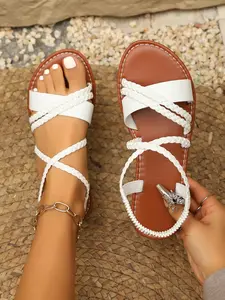 Women's Braided Lace-Up Gladiator Sandals, Open Toe Flat Summer ShoesBoho