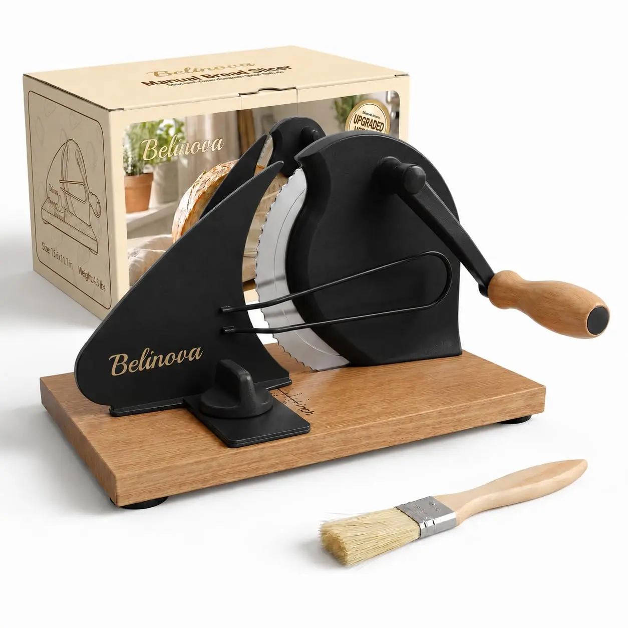 Belinova Sourdough Bread Slicer for Homemade Bread, Adjustable Thickness | 430 Stainless Steel Blade, Anti-Jam Guide, Hand Crank, Fits Bread up to 7.9x8.1in, Easy Clean