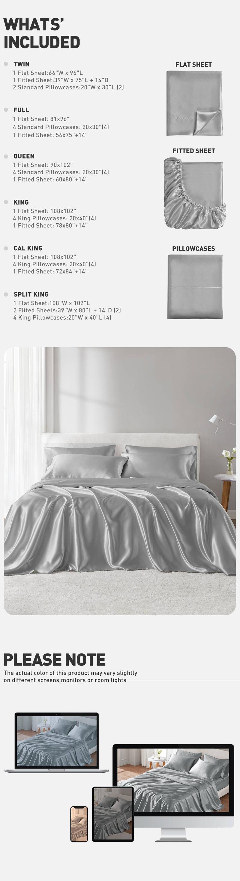 6 Piece Solid Color Satin Sheets Set (1*Flat Sheet + 1* Fitted Sheet + 4*Pillowcases), Luxurious And Silky With Natural Sheen