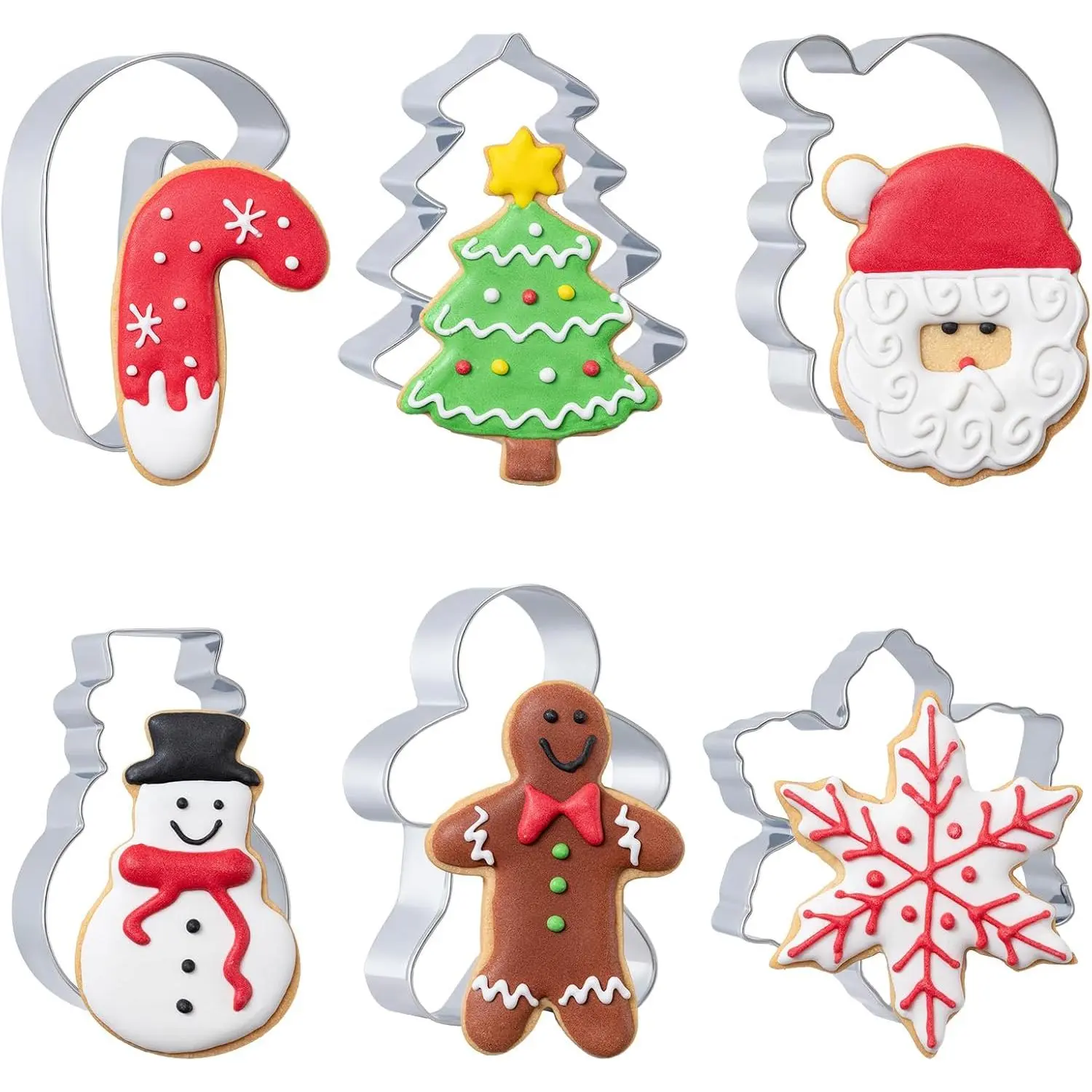 Christmas Cookie Cutters Set 6 count,Stainless Steel Metal  with Christmas Tree, Gingerbread Man, Snowman, Snowflake, Candy Cane, Santa  Shapes for Holiday