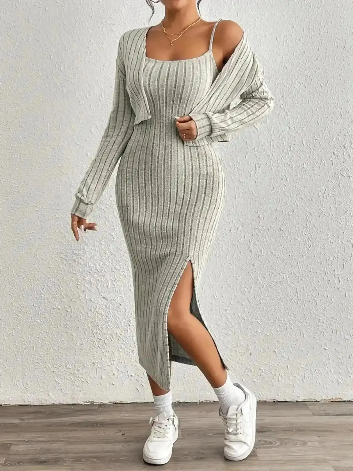 Autumn Winter Simple Knitted Open Fork Dress and Jacket Set, Women's Chic Fashion Two-Piece, Comfortable Stylish, Fall Layers, Adjustable, Modern, Layered Look, Cozy Comfort, Daily Wear, Holiday Wear, Trendy