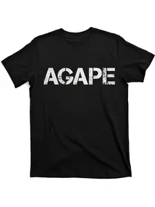 Urban Minimalist AGAPE Typographic Emblem [Cool Design] Street Trending Style Women's Tee Comfortable Cotton Round Neck Shorts Same Gender Design and Sleeves Men's T Shirts