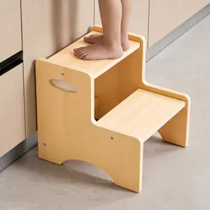 Wooden Toddler Step Stool for Kids, Two Step Stool with Non-Slip Pads & Handles, Potty Training Stool for Bathroom Sink, Toilet, Kitchen, Bedroom (Natural)