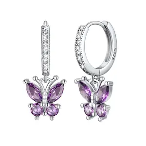 Sterling Butterfly Hoop Earrings - 12 Birthstone Dangle  Cute Huggie Hoops For Women Teen