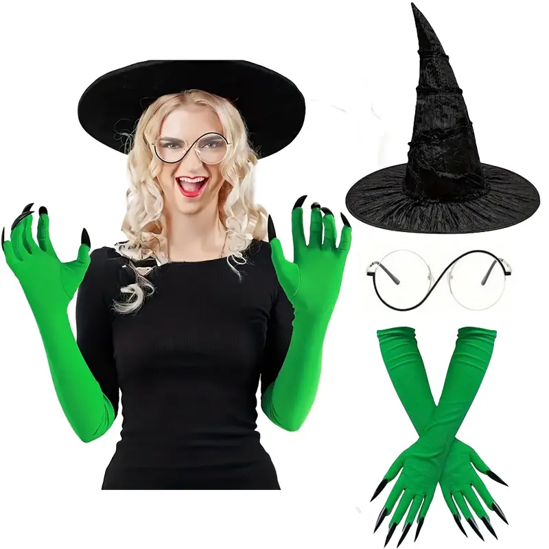 3 Pcs Witch Costume Glasses, Wizard Hat, Green Witch Gloves, Halloween Movie Cosplay Props Accessories for Women Role-Playing Party