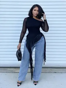 Women’s Asymmetrical Mesh Ruffle Top - Romantic Fairycore Sloping Shoulder Ribbon Fitted Fall T-Shirt, alternative fashion women, ethereal outfit women