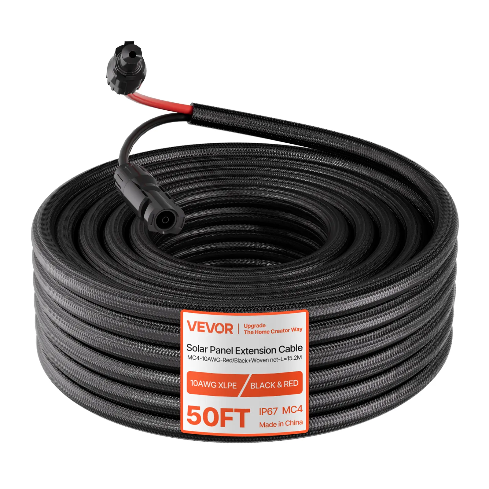 VEVOR 50FT (15.24 m) 10 AWG Heavy Wire Solar Panel Extension Cable, 1 Pair 100% Tinned Copper Conductor, Flame Retardant Sleeving, IP67 Waterproof PV Wire with Male-Female Connectors, Low Resistance, Black & Red, for Outdoor RV (Father's Day Gift)