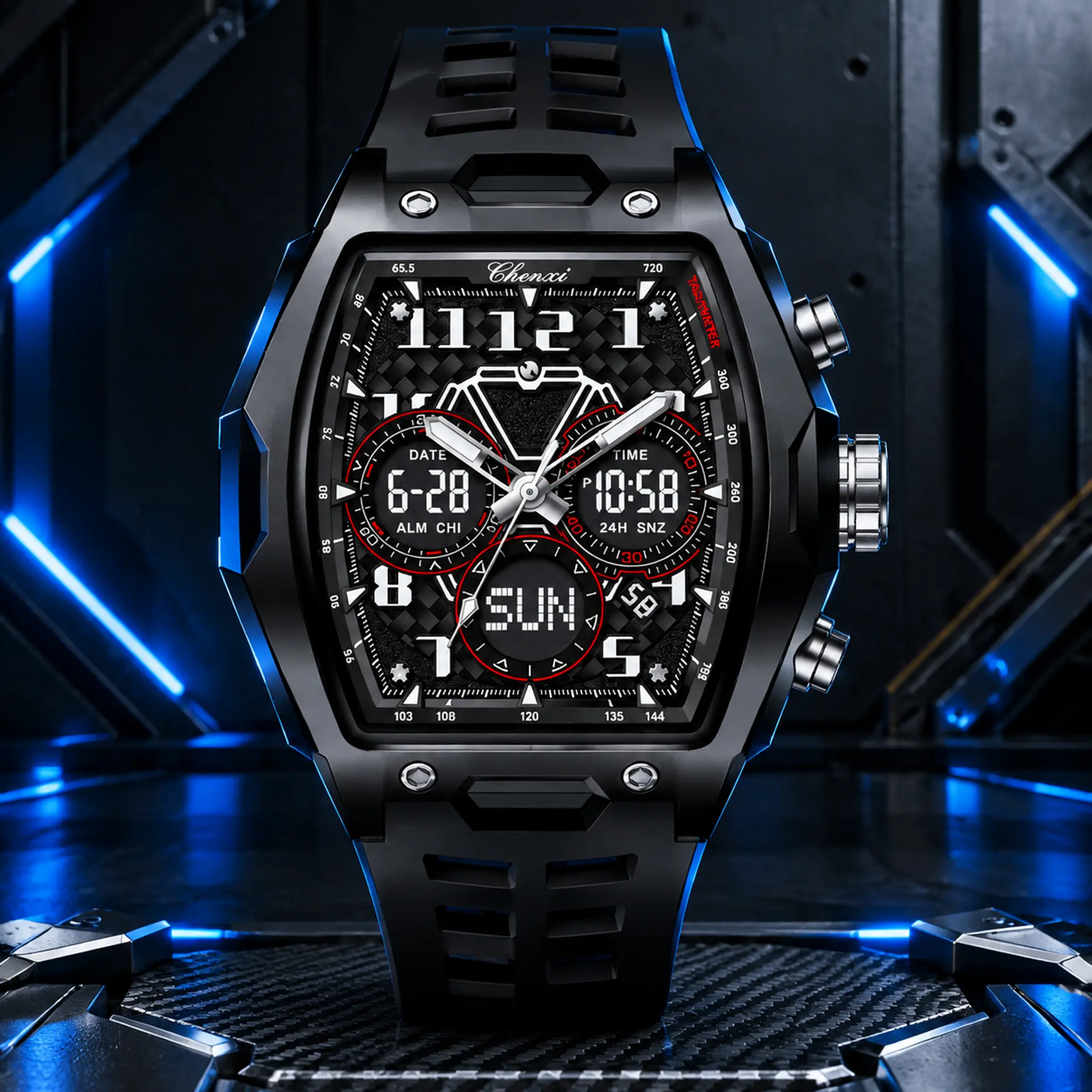 Men's Square Dual Display Watch, Analog Digital Sports Wristwatch, Silicone Strap, Multi-Function Alarm Chronograph Watch for Men