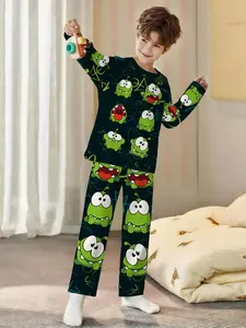 Cute Fun Monster Graffiti 2-Piece Boys' Digital Print Long-Sleeve Pajamas with Extended Sleep Pants, Flame-Retardant Fabric, Stylish, Trendy, Casual, Comfortable and Soft Pajama Set, Suitable for Sleeping and Home Leisure, 100% Polyester for Boys' Home We