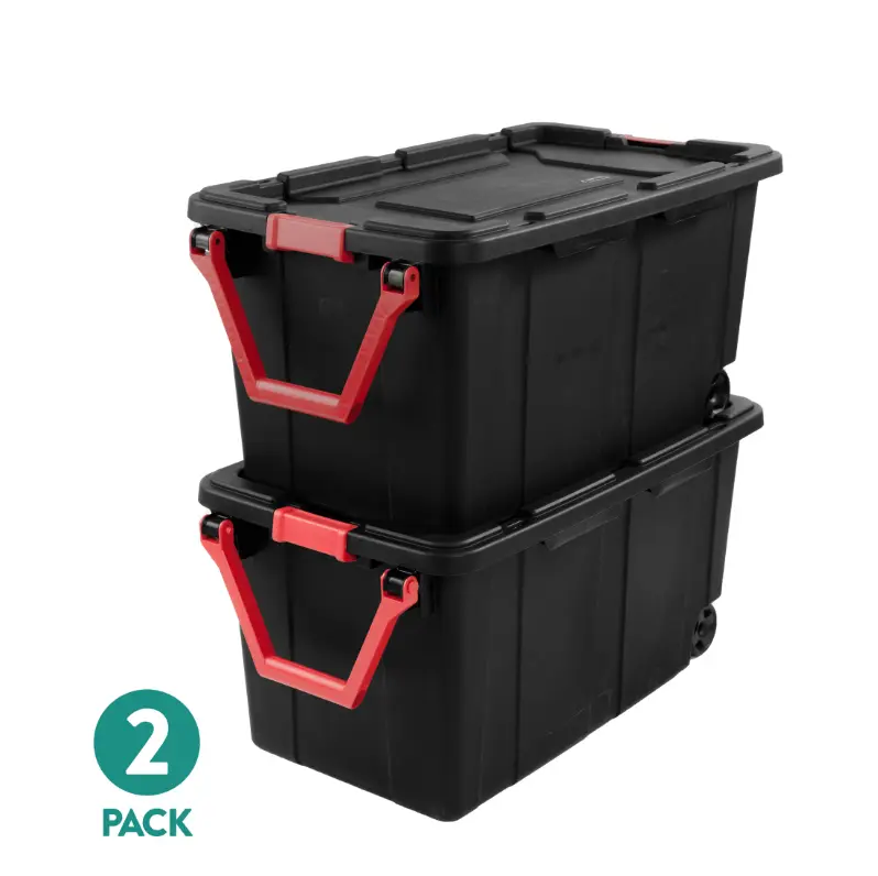 Sterilite Extra-Large Wheeled Industrial Storage Bin, 40 Gallon Durable Plastic Storage Tote with Latching Lid and Pull Handle, Black, 2 Pack
