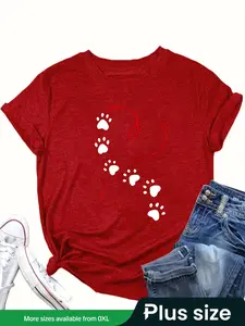 【Plus Size】 Cartoon Paw Print Round Neck Tee, Casual Short Sleeve Crew Neck T-Shirt for All Seasons, Women's Clothing for Daily Wear