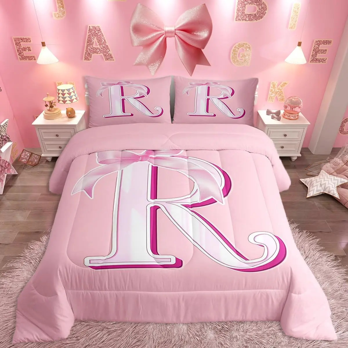 Pink Bow Bedding Set,,Decor Gifts Monogrammed Bedding Set,Ultra Soft Personalized Initial R Comforter Dreamy Bow,Duvet Set Room Decor Quilt Set