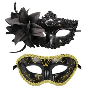 OIDEA 2-Piece Plastic Couples Masquerade Mask Set - Venetian Design with Lily Flower, Halloween Wedding Party Accessories, Available in Black, Silver, Gold