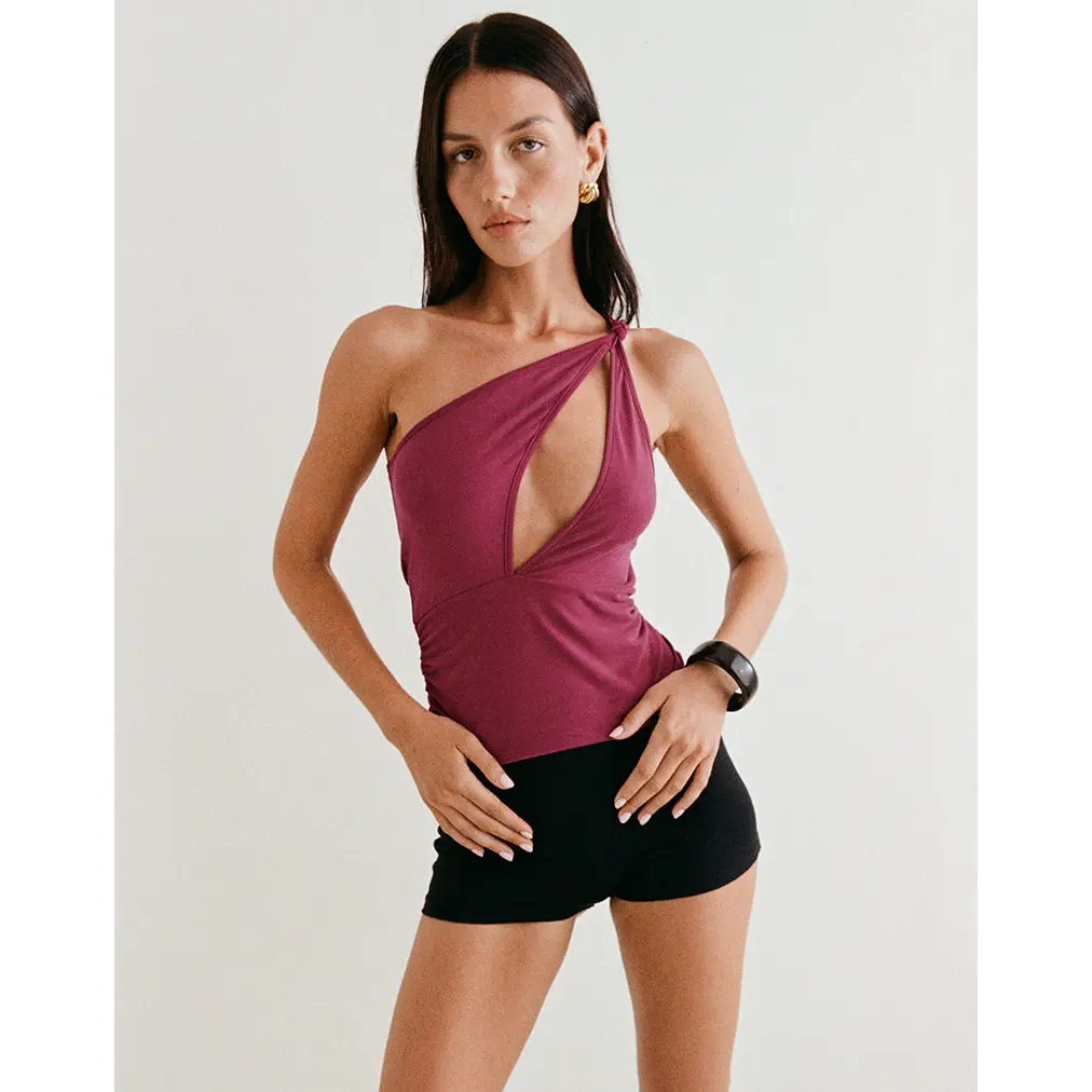 Arika Asymmetric Cut Out Top in Cupro Burgundy