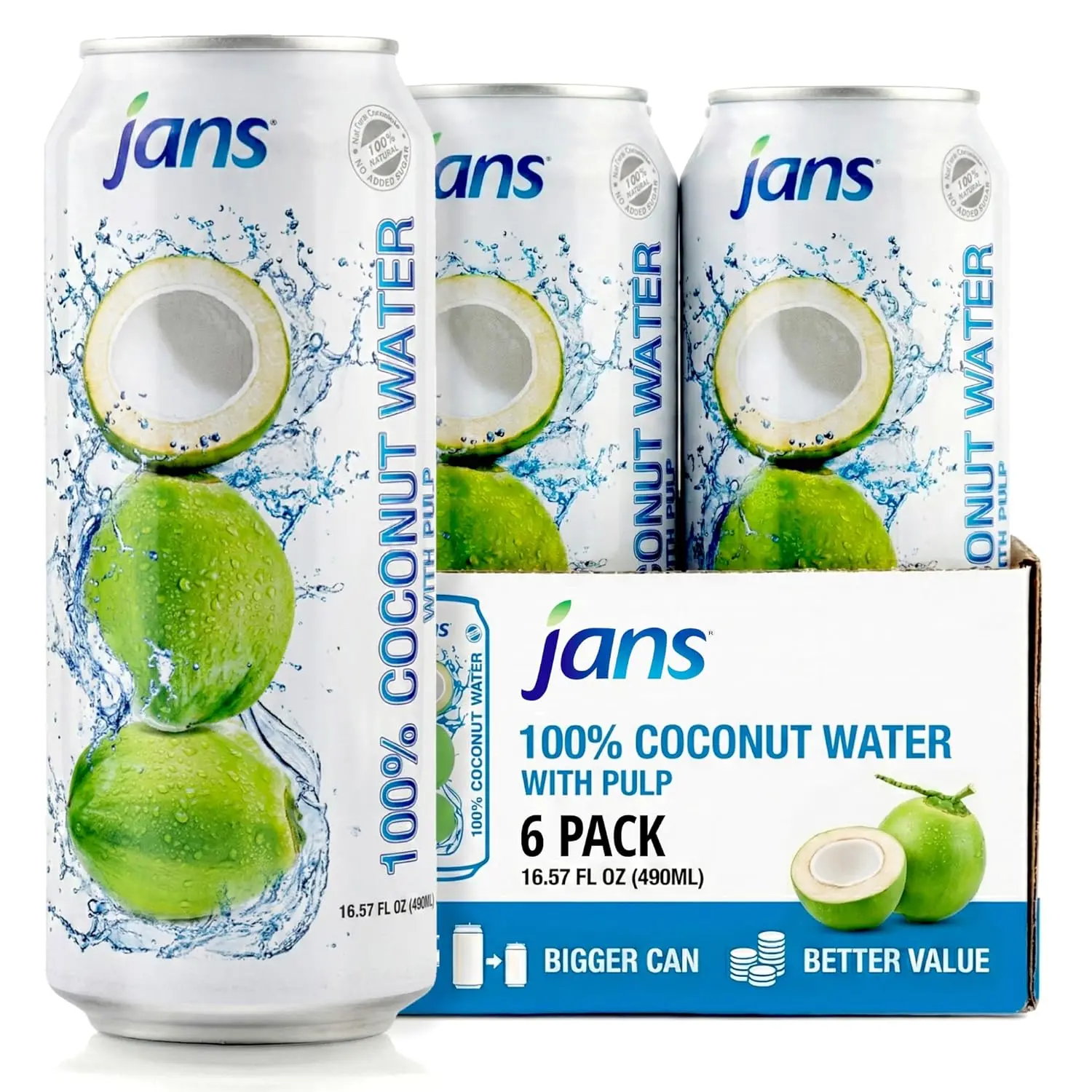 Jans 100% Pure Coconut Water with Pulp (16.57 Fl Oz, pack of 6) No Sugar Added | Unsweetened Coconut Water | Not from Concentrate | Non-GMO | Refreshing Taste of the Tropics