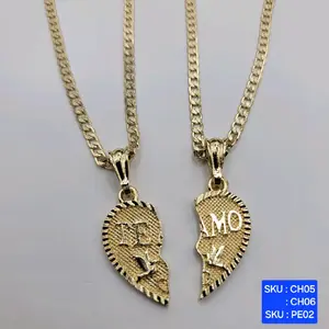 Heart Te Amo Double Necklaces Two Chains Cuban link Diamont cut 4mm 24 & 18 Inches Long for You and Your Loved Ones Laminated Gold Heart Pendants with Bird Designs on each Pendant. SKU : CH05, CH06  SKU : PE02
