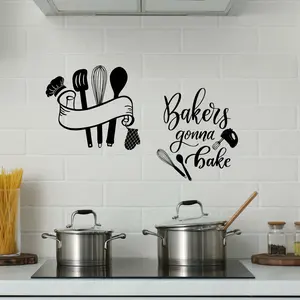 A set (30*30cm*2pcs) of new black and white minimalist kitchen tableware wall stickers, wall stickers for kitchen and dining room background walls, self-adhesive wall stickers for beautification and decoration Wall Decal M20112