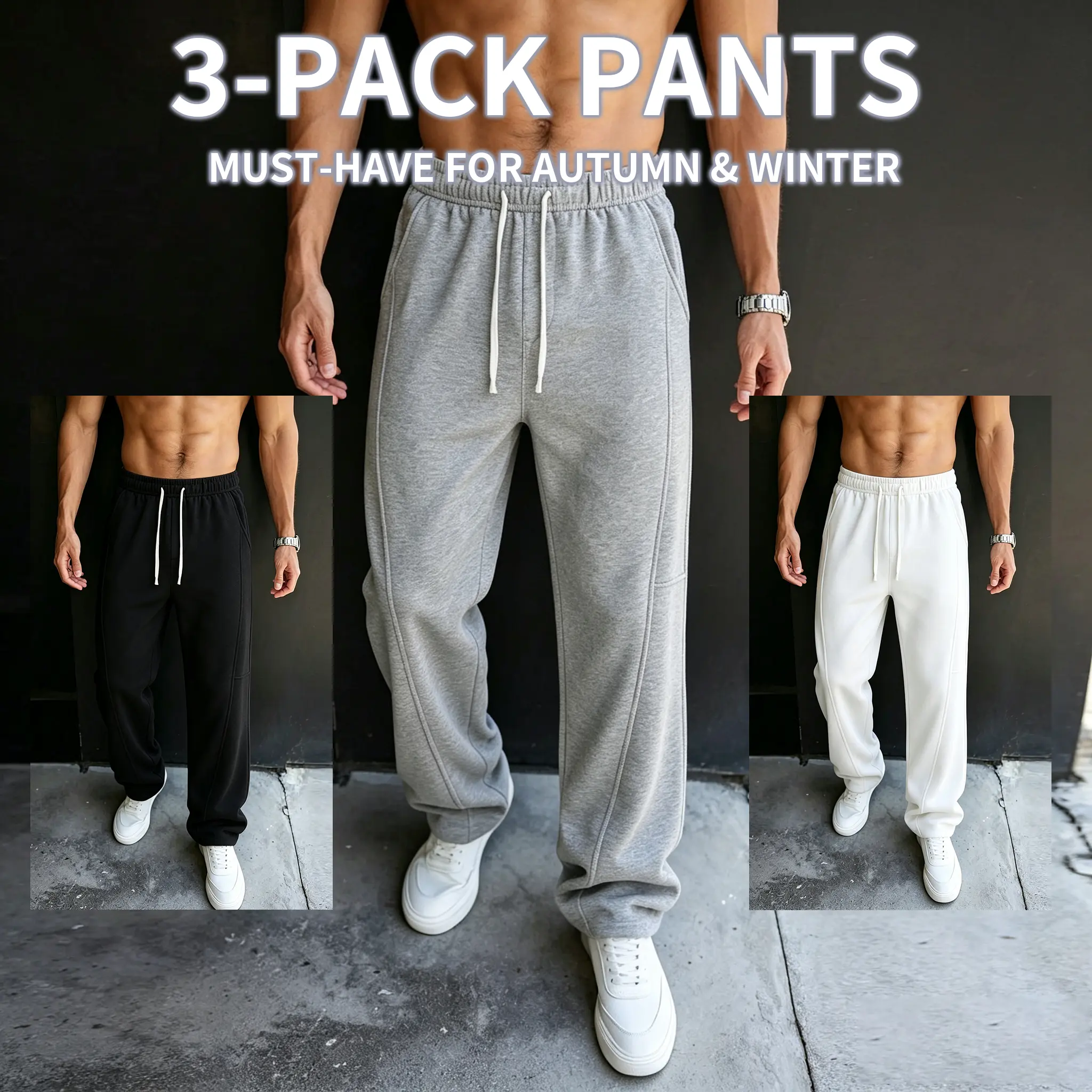 Men’s 3 pcs set: black/white/gray thick cotton feel straight joggers with drawstring, high waist, loose drape, wide legs. Warm and breathable for autumn/winter; versatile long pants suitable for home, fitness, commuting, shopping, and everyday wear at s