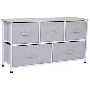 HOMCOM 40" L 5 Drawer Horizontal Storage Cube Dresser Unit Bedroom Organizer Living Room Shelf Tower with Fabric Bins, Light Gray