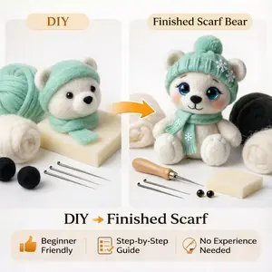 1Set Animal Needle Felting Kit, Felting kits for Beginners adult with Step-by-Step Video Tutorials, Scarf Bear DIY Felting Kit, Cute Funny Home Decorative Ornaments, Birthday Valentine's Day and Christmas Gifts