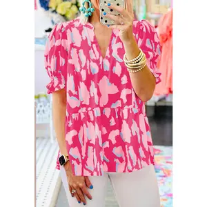 Rose Abstract Print Smocked Puff Sleeve V Neck Blouse
