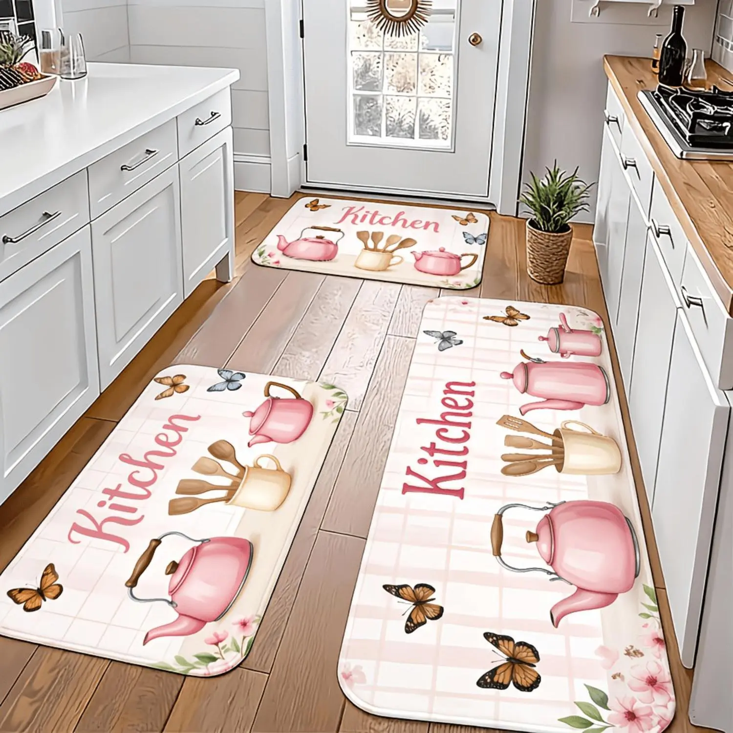 1PC Flannel Floor Mat Butterfly Kitchen Utensils Decorative Printed Rug Soft Thickened Indoor Entrance Bathroom Bedside Non Slip Easy Clean Long Carpet